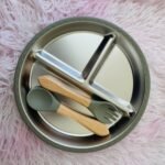 Children's tableware set stainless steel plate + wooden fork and spoon - ছবি 8