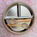 Children's tableware set stainless steel plate + wooden fork and spoon - ছবি 7