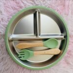 Children's tableware set stainless steel plate + wooden fork and spoon - ছবি 6