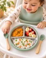 Children's tableware set stainless steel plate + wooden fork and spoon - ছবি 3