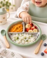 Children's tableware set stainless steel plate + wooden fork and spoon - ছবি 2