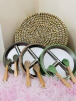 Children's tableware set stainless steel plate + wooden fork and spoon - ছবি 5